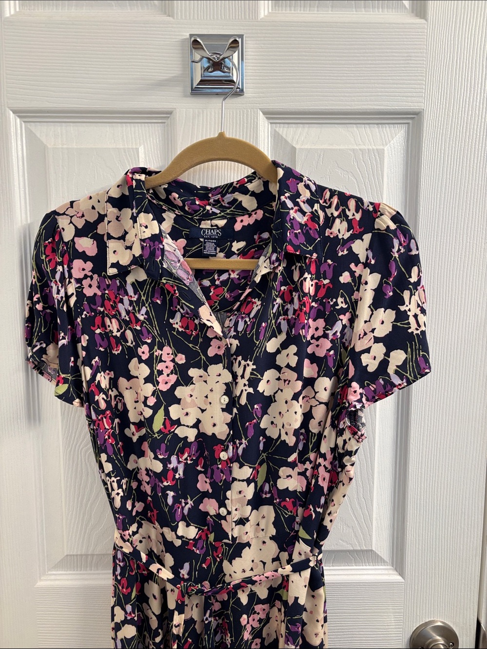 Chaps Women's Navy Floral Button-Down Tie Waist Dress - Pink & Cream Floral XL
